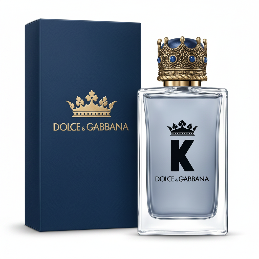 Dolce & Gabbana K perfume bottle with blue packaging on a white background