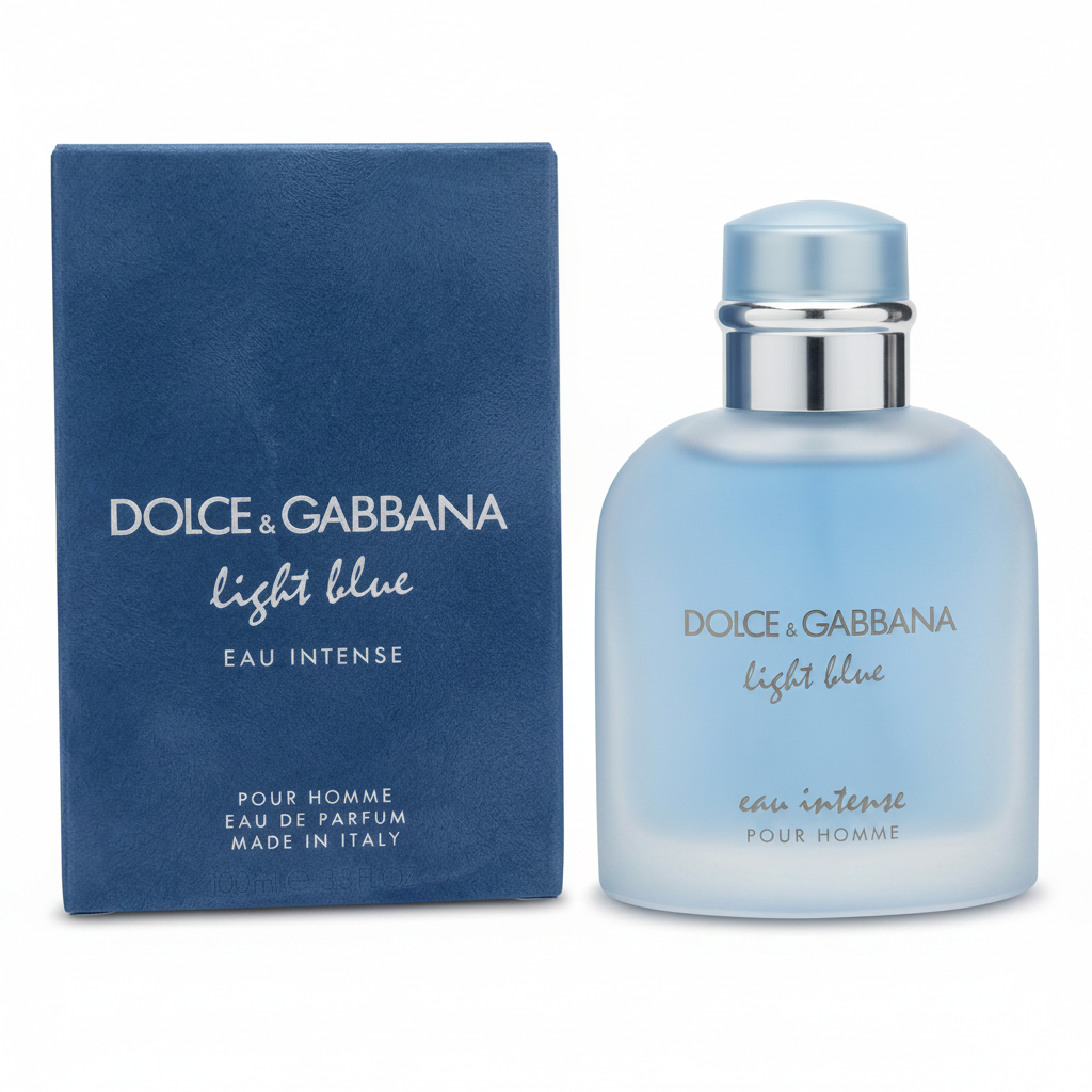 Dolce & Gabbana Light Blue Eau Intense perfume bottle and packaging on a white background