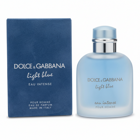 Dolce & Gabbana Light Blue Eau Intense perfume bottle and packaging on a white background