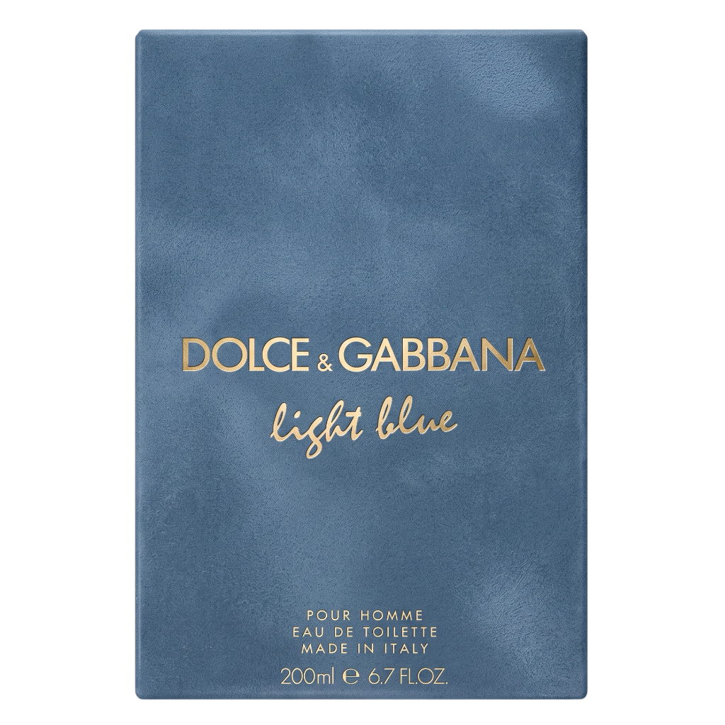 Dolce & Gabbana Light Blue Eau de Toilette box packaging, featuring a textured light blue background with gold foil lettering.