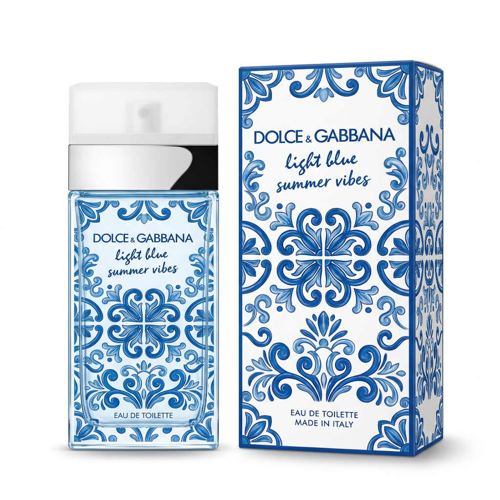 Dolce & Gabbana Light Blue Summer Vibes perfume bottle and packaging on a white background