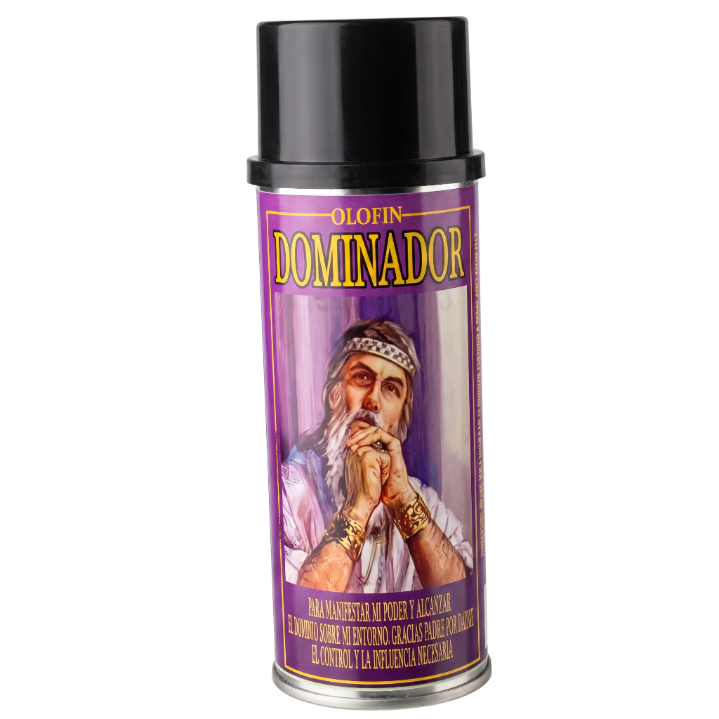 A can of Olofin Dominador spray with a black cap and a purple label featuring an illustration of a bearded man.
