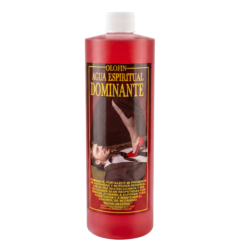 A red plastic bottle of Olofin Agua Espiritual Dominante with a white cap and a black and gold label, shown against a plain white background.