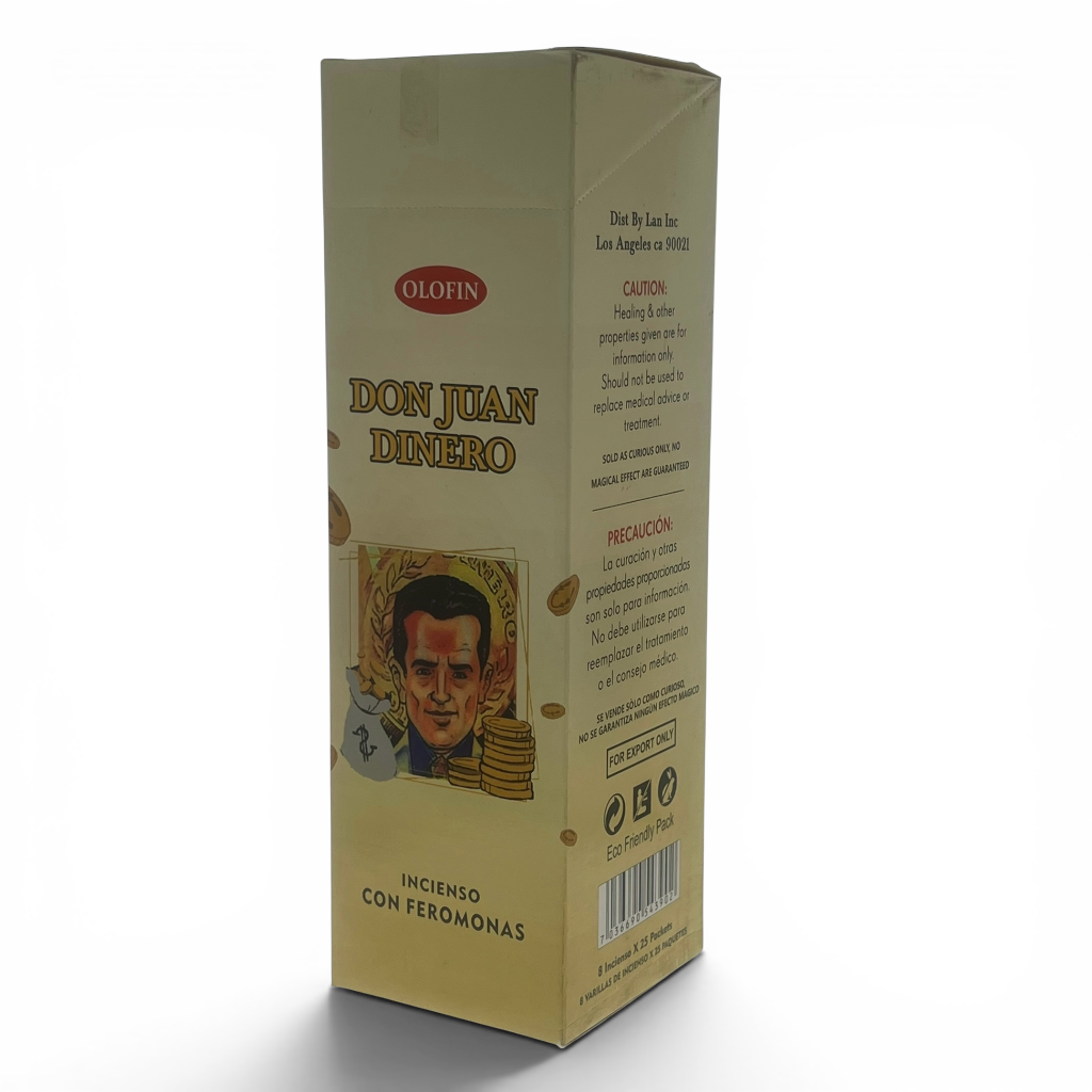 A tall rectangular box of Olofin Don Juan Dinero incense with a beige background, featuring a portrait of Don Juan with gold coins and a silver peso coin illustration.