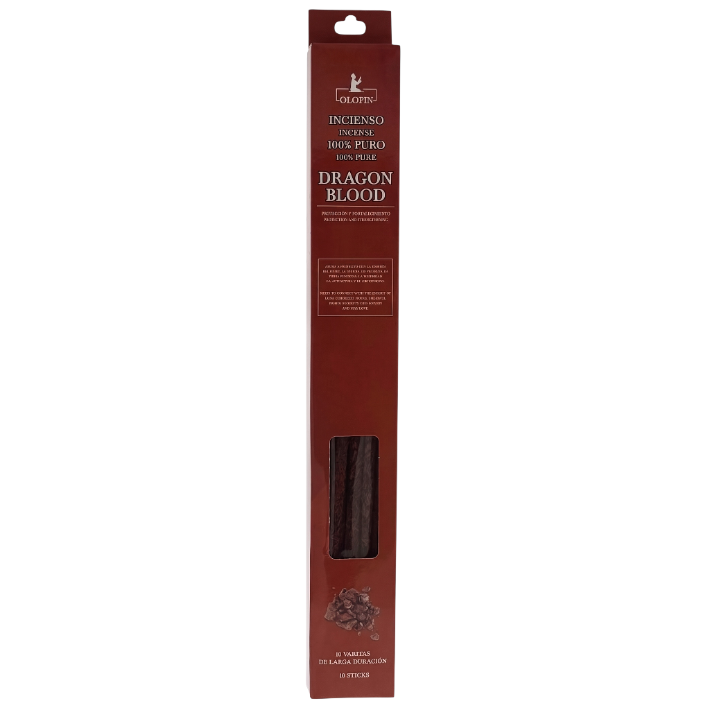 A tall, narrow brown cardboard package for Dragon Blood incense, shown against a plain white background. The packaging features a window near the bottom revealing the dark brown incense sticks inside.