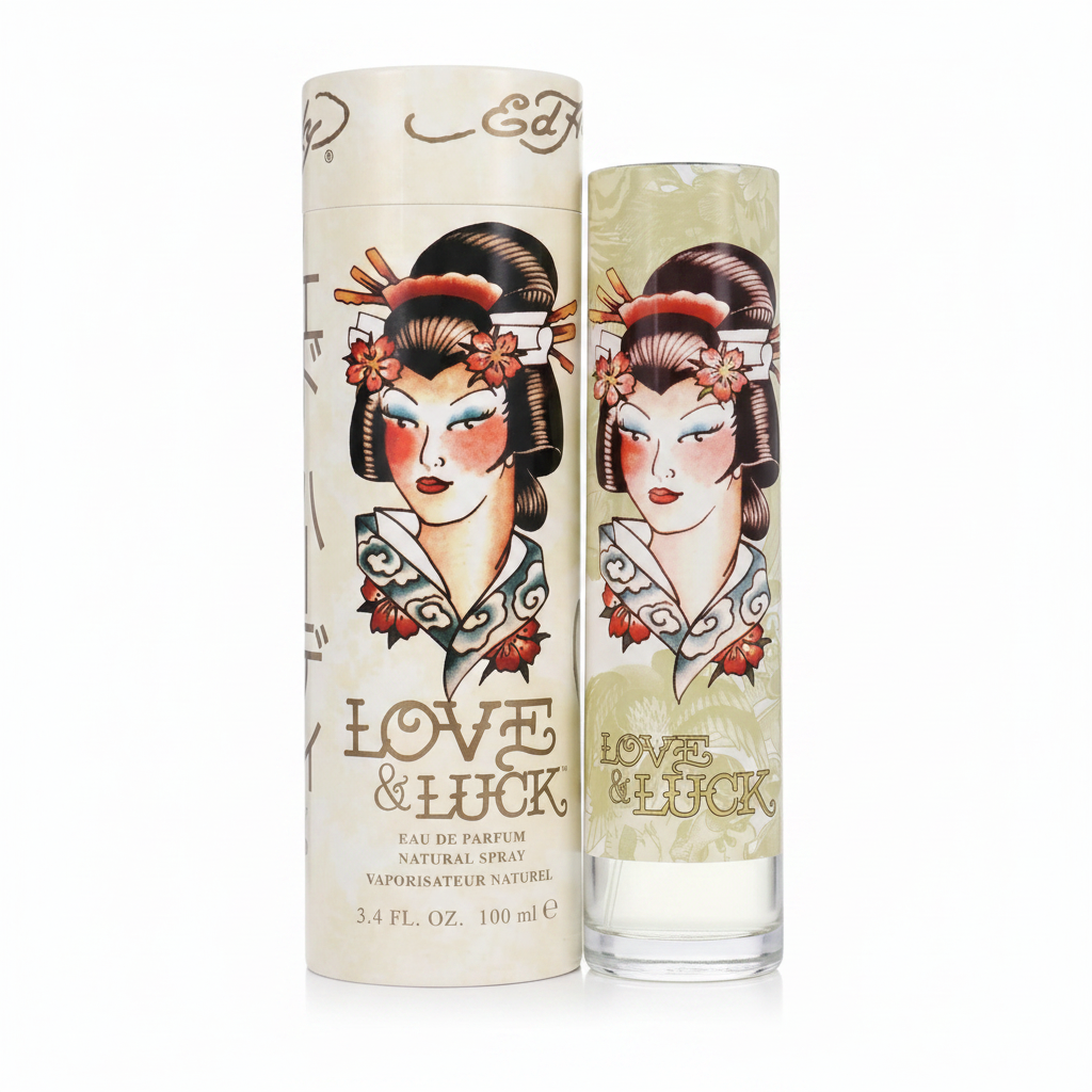Two 'Love & Luck' perfume bottles with a decorative design on a white background