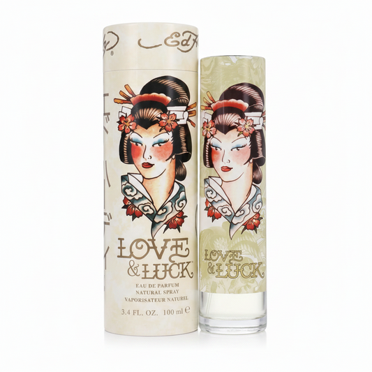 Two 'Love & Luck' perfume bottles with a decorative design on a white background