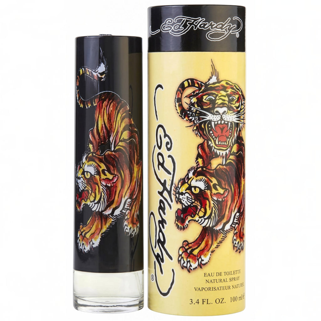 Two Ed Hardy perfume bottles with tiger designs on a white background