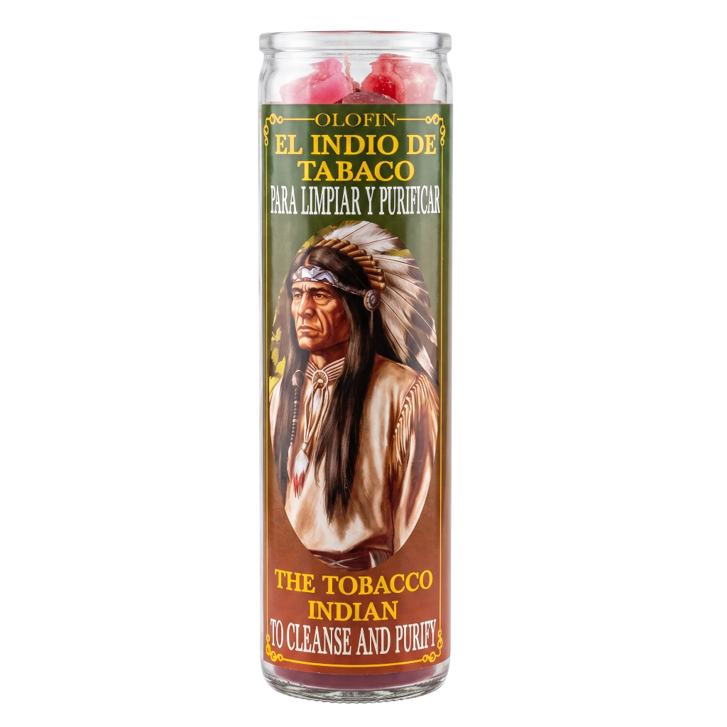 A tall glass jar candle featuring a printed label with an illustration of a Native American man and Spanish and English text reading 'Olofin El Indio de Tabaco' and 'The Tobacco Indian To Cleanse and Purify.' The candle contains pink wax at the top, shown on a plain white background.