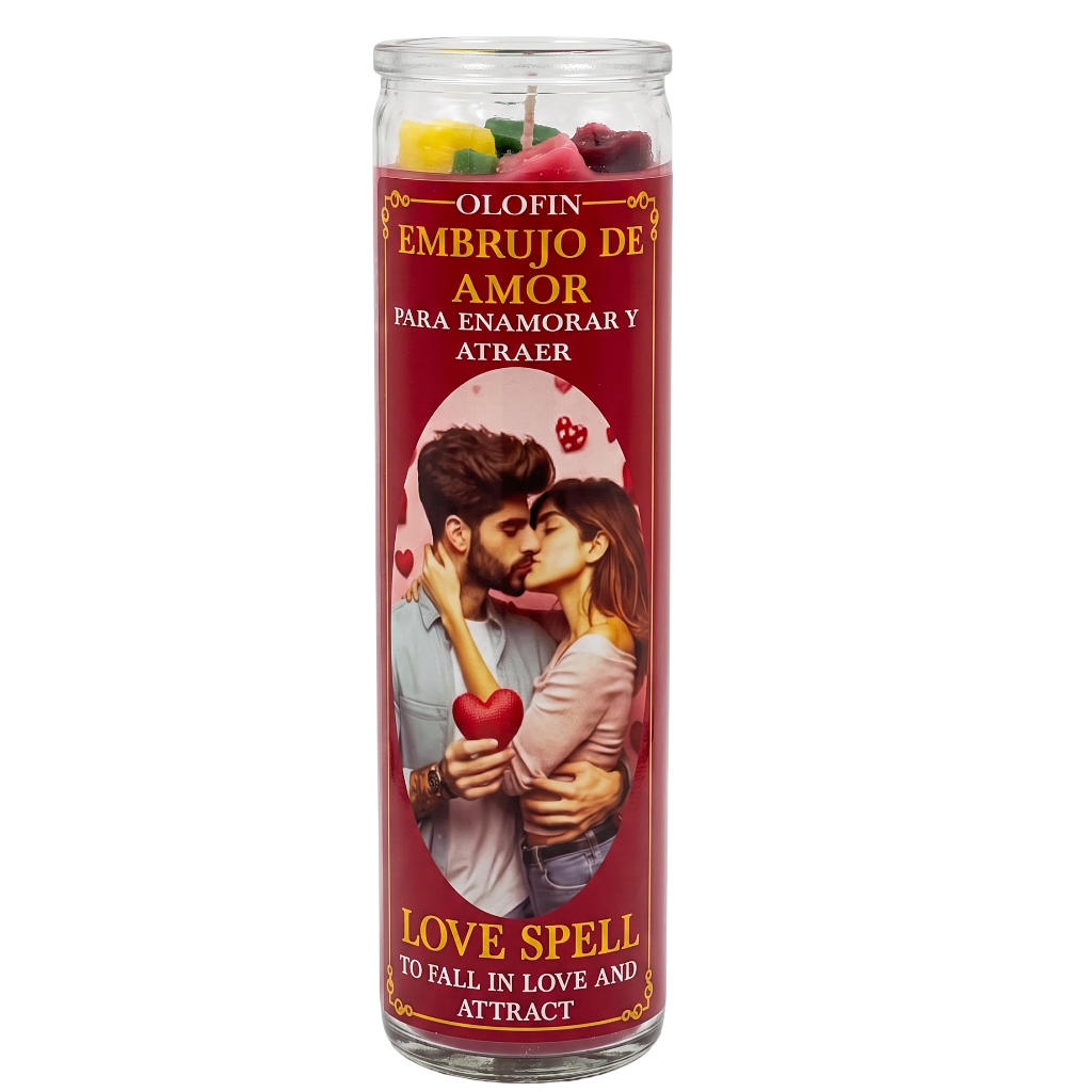 A tall glass jar candle labeled 'Olofin Embujo de Amor' with a red label featuring a romantic couple illustration and Spanish/English text, shown on a plain white background.