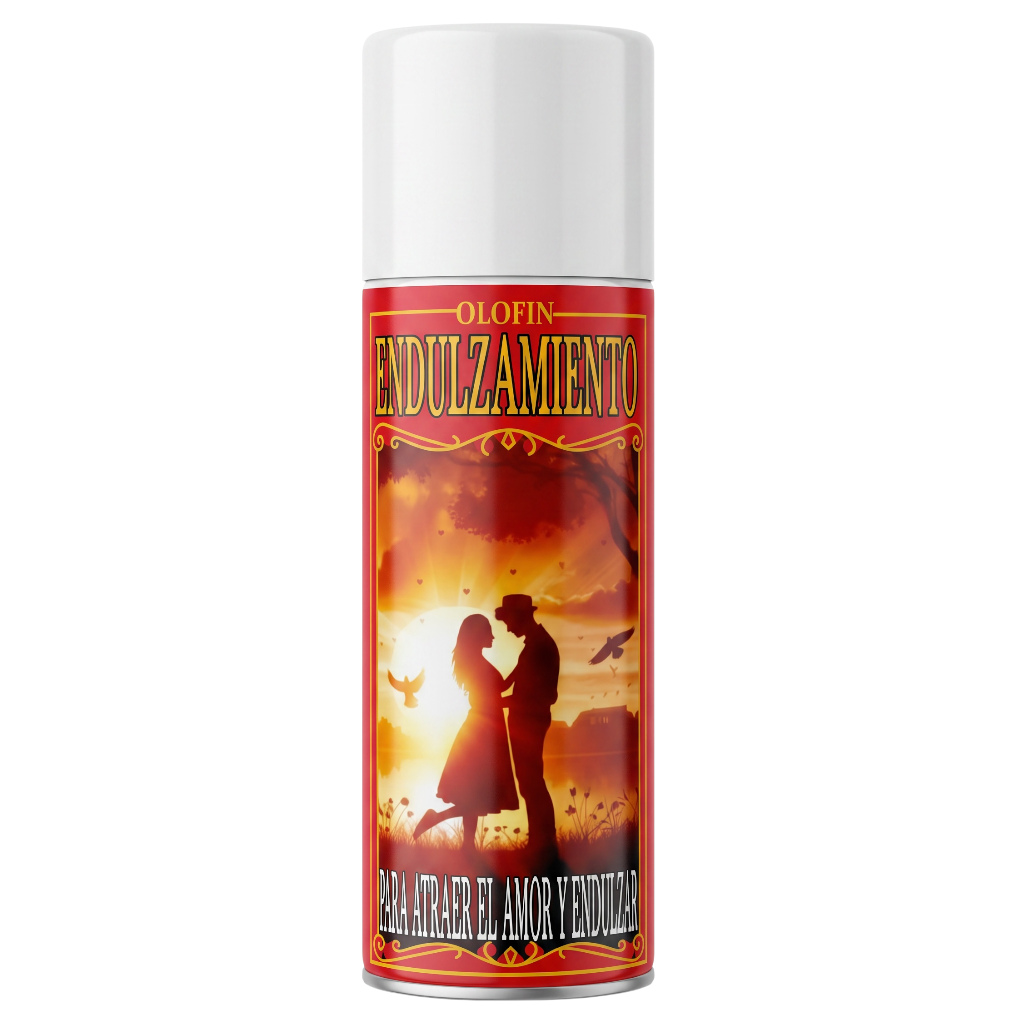 A white cylindrical bottle of Olofin Endulzamiento spray with a colorful label featuring a romantic couple silhouette against a fiery sunset, on a plain white background.