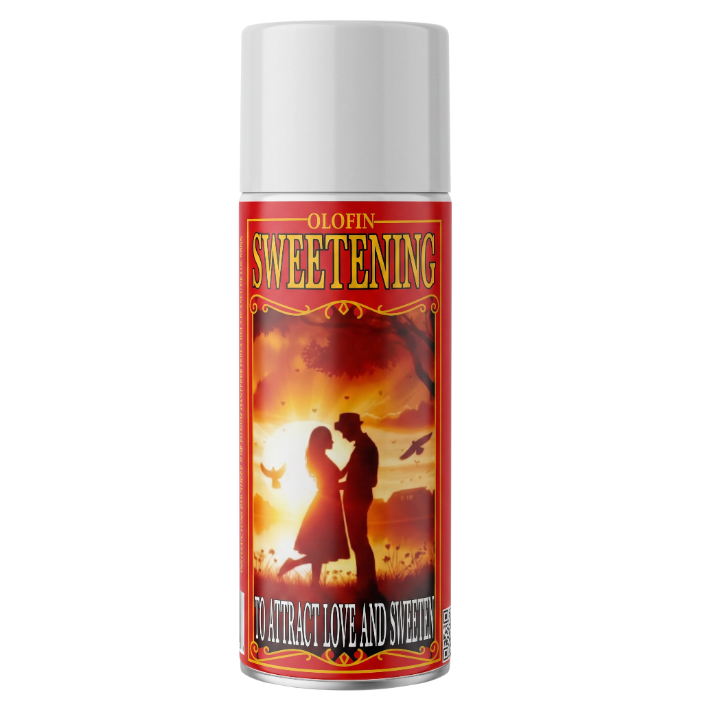 A can of Olofin Sweetening body spray with a red and gold label featuring a romantic silhouette illustration, set against a plain white background.