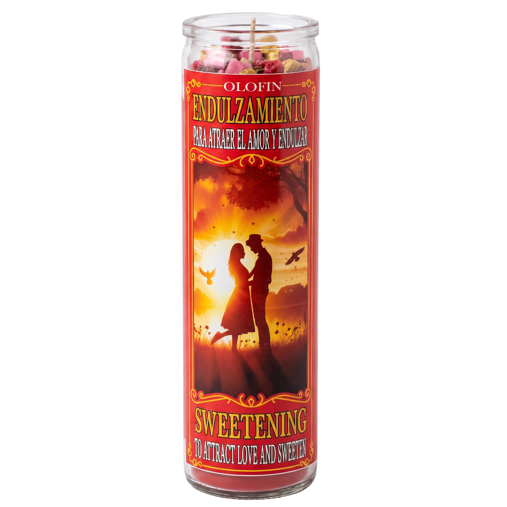 A tall glass jar candle labeled 'Olofin Endulzamiento Sweetening' with a red label featuring a romantic couple silhouette against a sunset, on a plain white background.