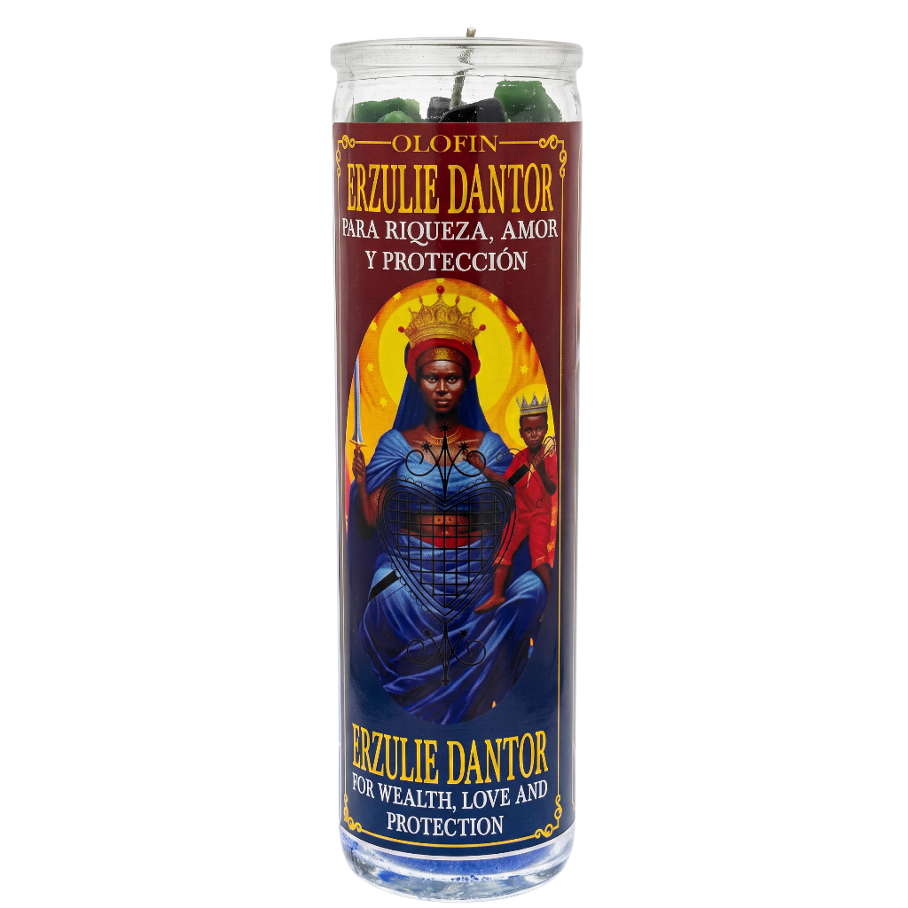 A tall glass prayer candle with a printed devotional label featuring Olofin Erzulie Dantor, shown on a plain white background.
