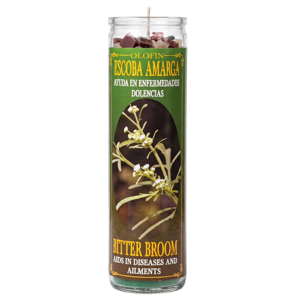 A tall glass jar candle labeled 'Orofin Escoba Amarga' with a green label featuring a bitter broom plant illustration and Spanish text, shown on a white background.