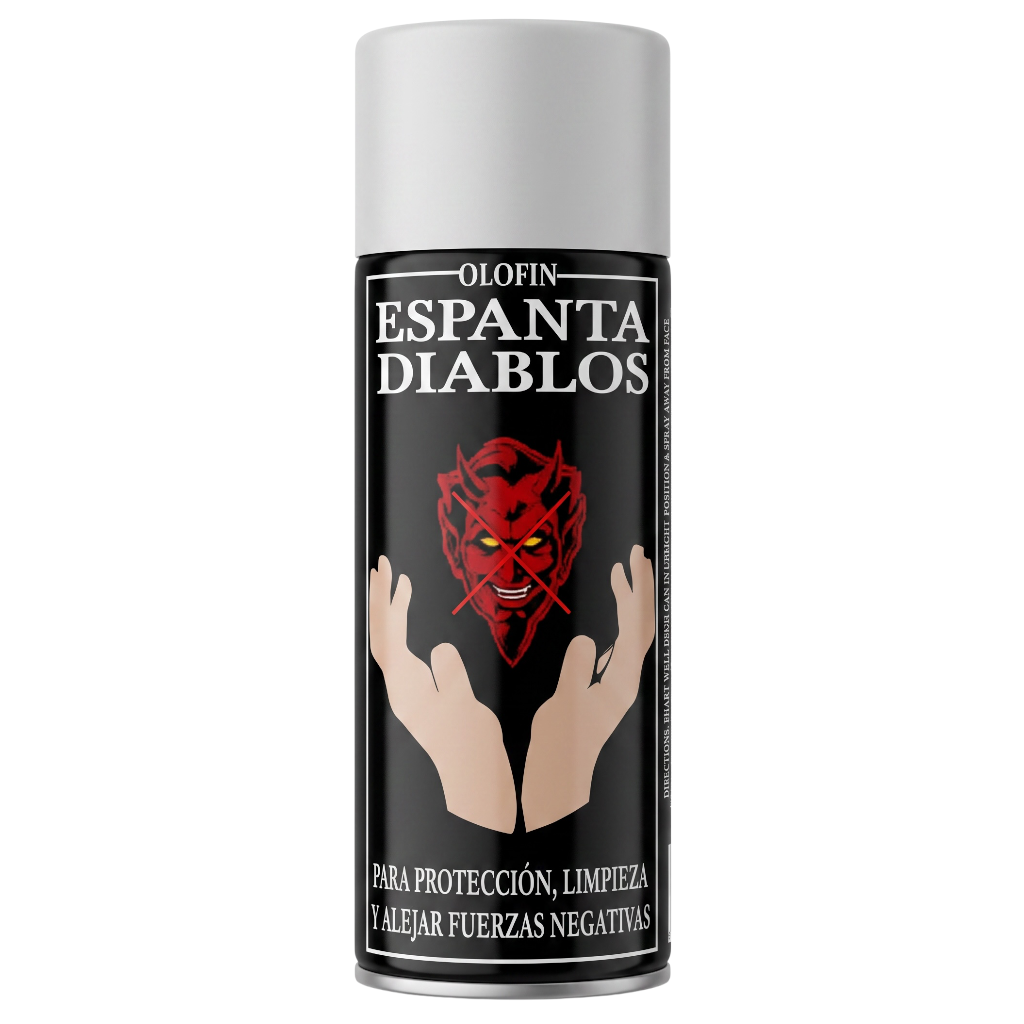 A can of Olofin Espanta Diablos spray on a plain white background. The can has a black label with a red devil face graphic, two hands, and white text.