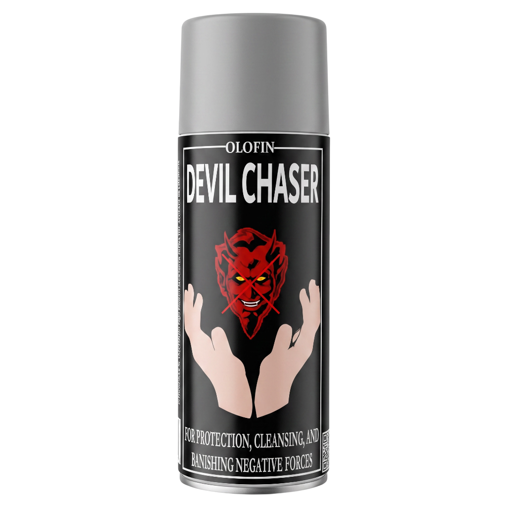 A can of Olofin Devil Chaser spray with a black label featuring a red devil face and hands, topped with a metallic silver cap, on a plain white background.