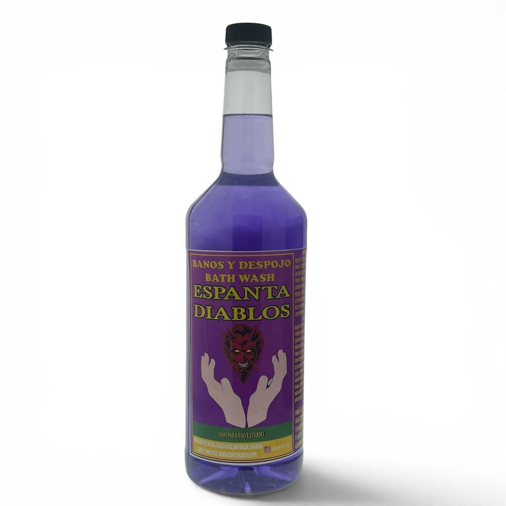 A bottle of Espanta Diablos bath wash with a purple liquid inside, featuring a purple label with a devil graphic and black cap, on a white background.