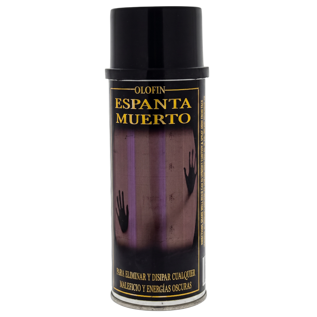 A can of Olofin Espanta Muerto spray, featuring a black cap and a label with a purple and black design depicting handprints on a wall.