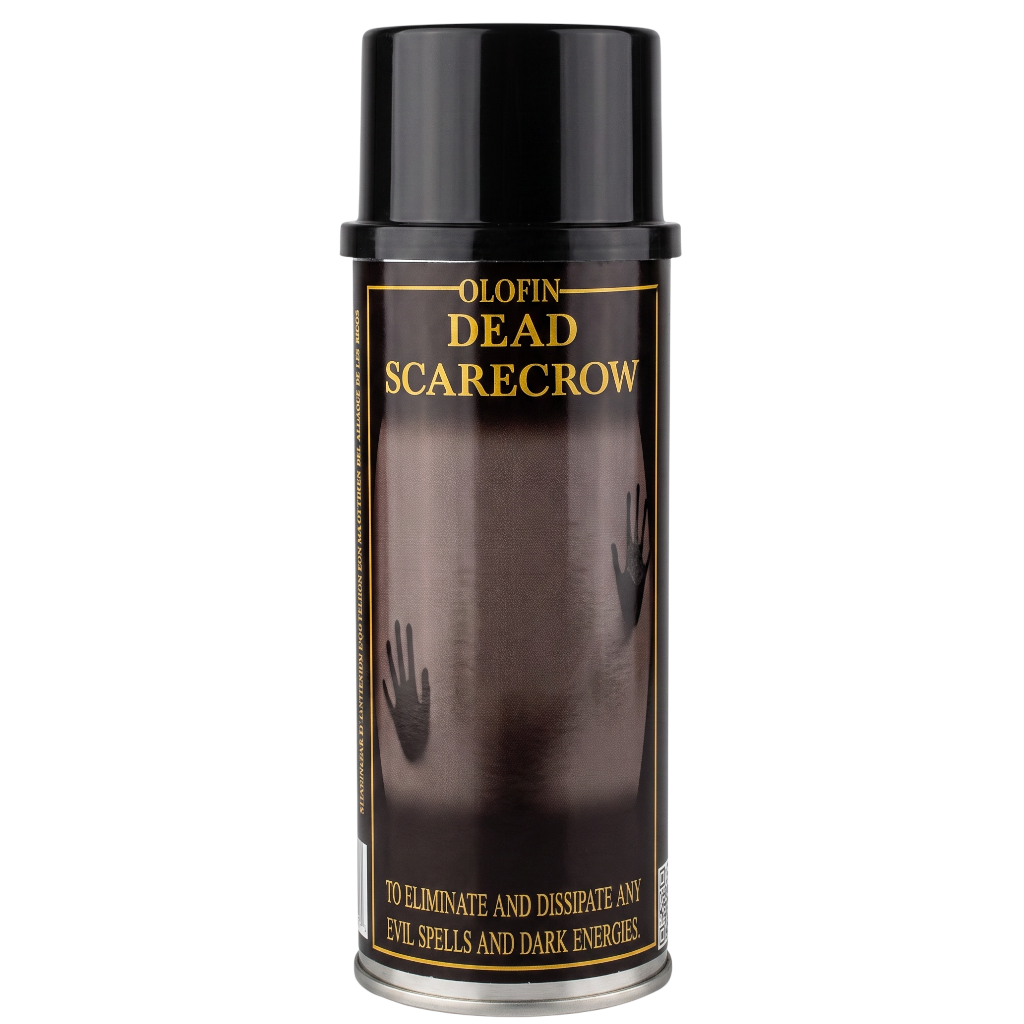 A black spray can labeled 'Olofin Dead Scarecrow' with gold text and a dark brown horror-themed graphic showing shadowy hands on a wall, photographed on a plain white background.