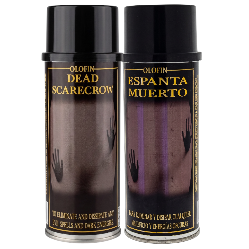 Two Olofin spray cans labeled 'Dead Scarecrow' and 'Espanta Muerto' with black caps and dark labels showing handprints on a white background.