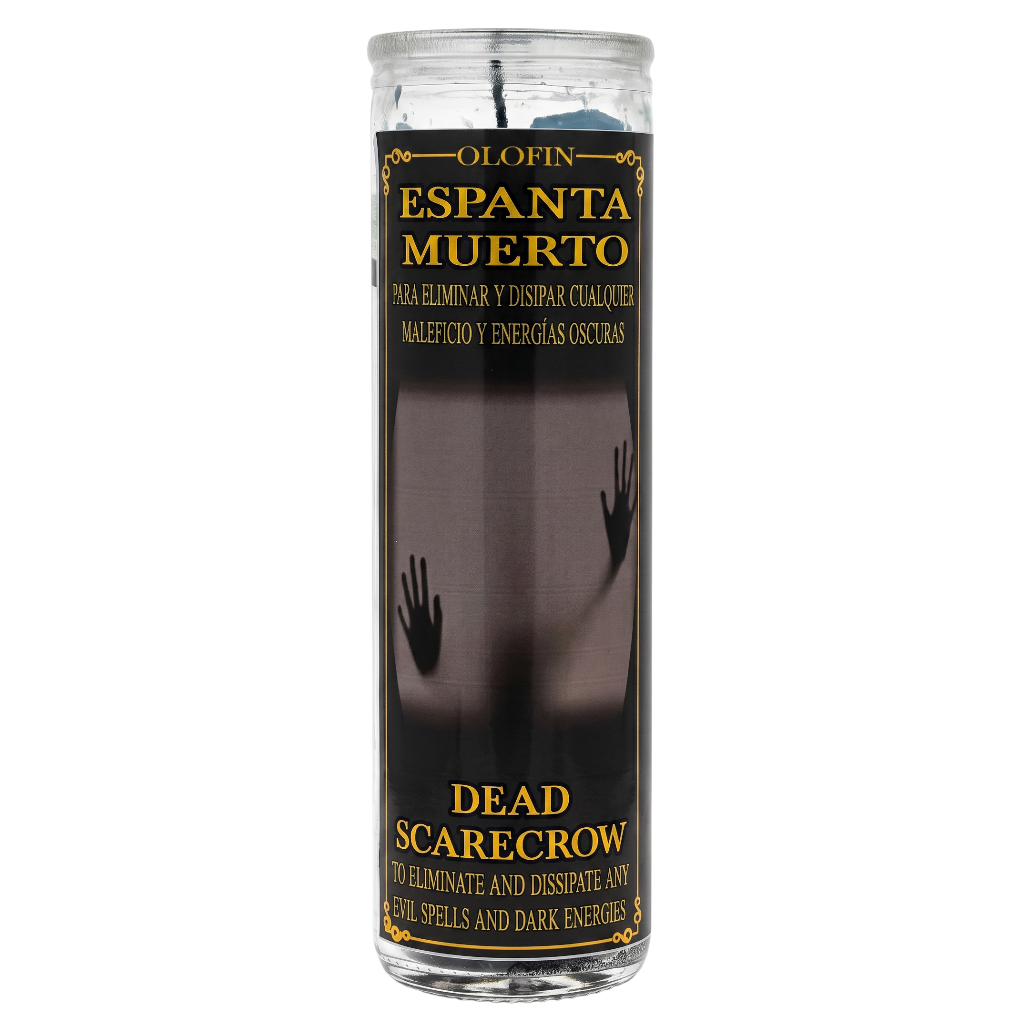A tall glass jar candle labeled 'Olofin Espanta Muerto' and 'Dead Scarecrow' with a black label featuring a ghostly face and handprint design, shown on a white background.