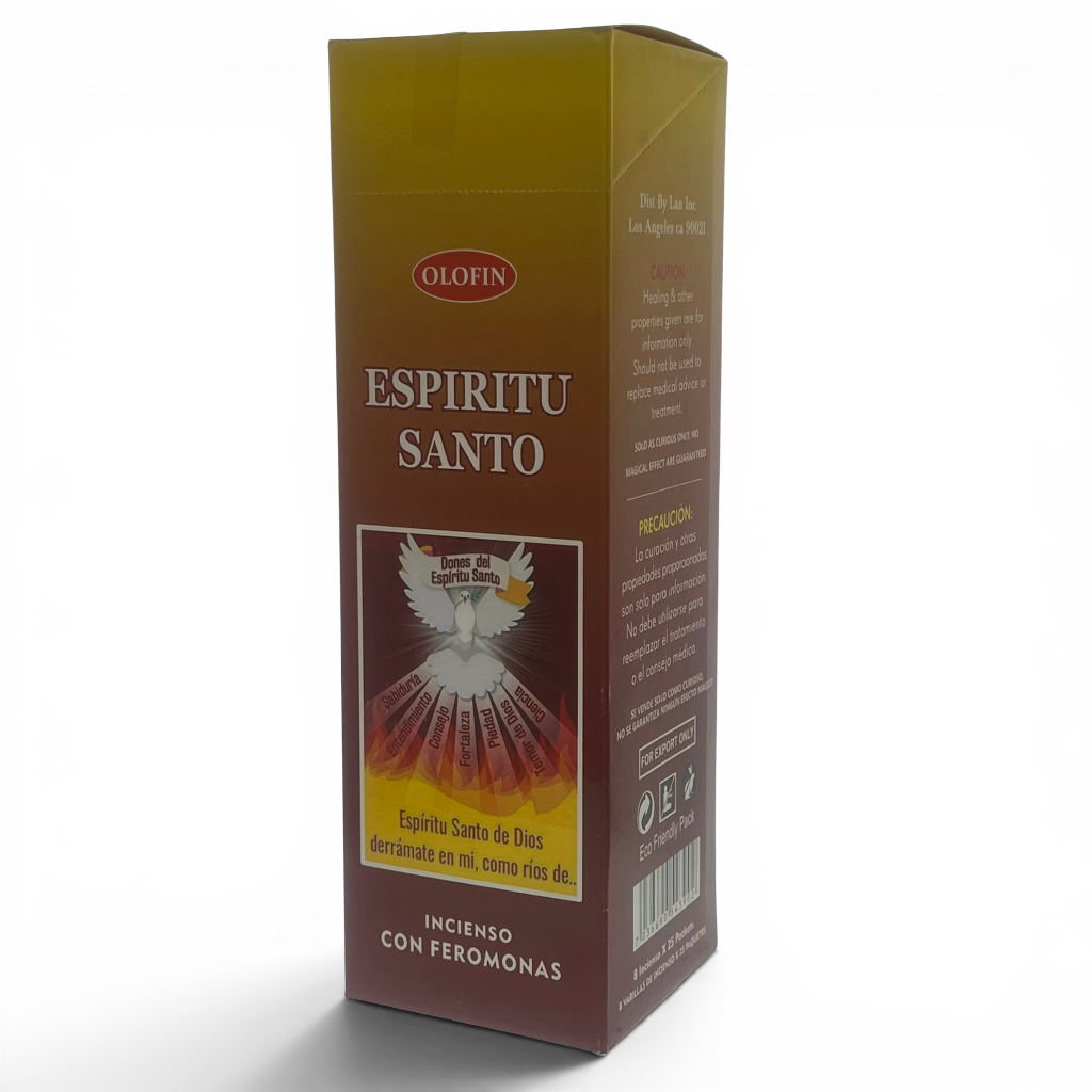 A tall rectangular box of Olofin Espiritu Santo incense, featuring a gradient from gold at the top to dark brown at the bottom, with a central graphic of a white dove and red flames.