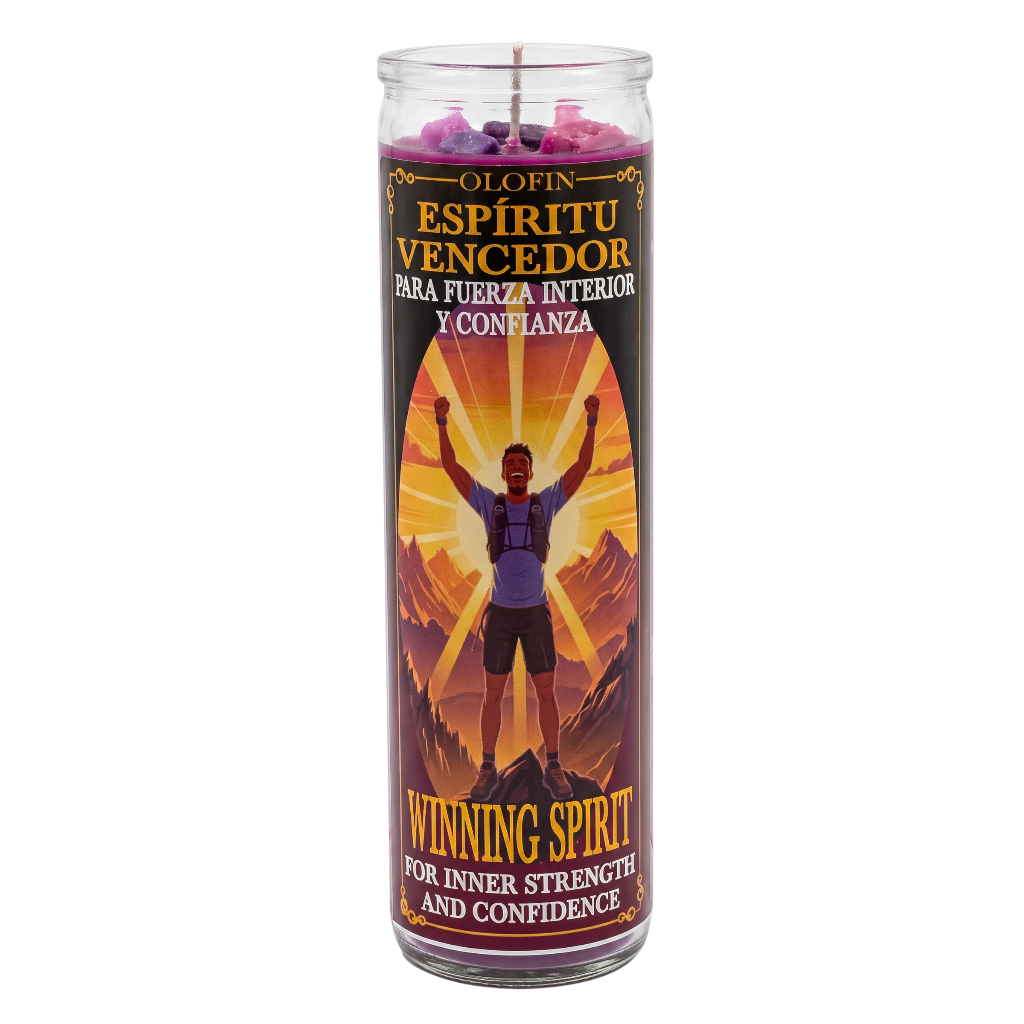 A tall glass prayer candle with a colorful printed label reading 'Olofin Espíritu Vencedor' and 'Winning Spirit,' shown on a plain white background.