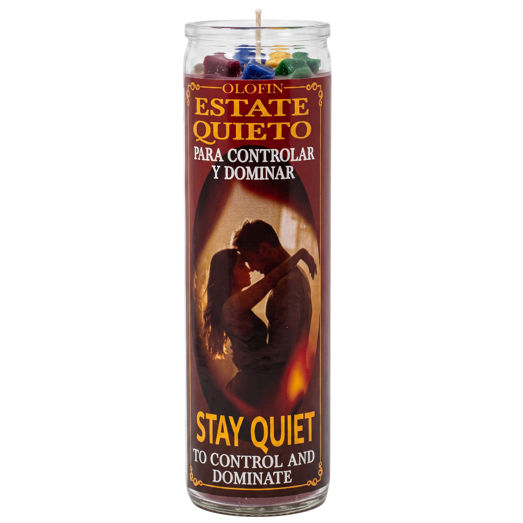 A tall glass jar candle labeled 'Olofin Estate Quieto' with Spanish and English text, featuring a romantic couple silhouette on the front and multicolored wax pieces visible at the top, shown on a plain white background.