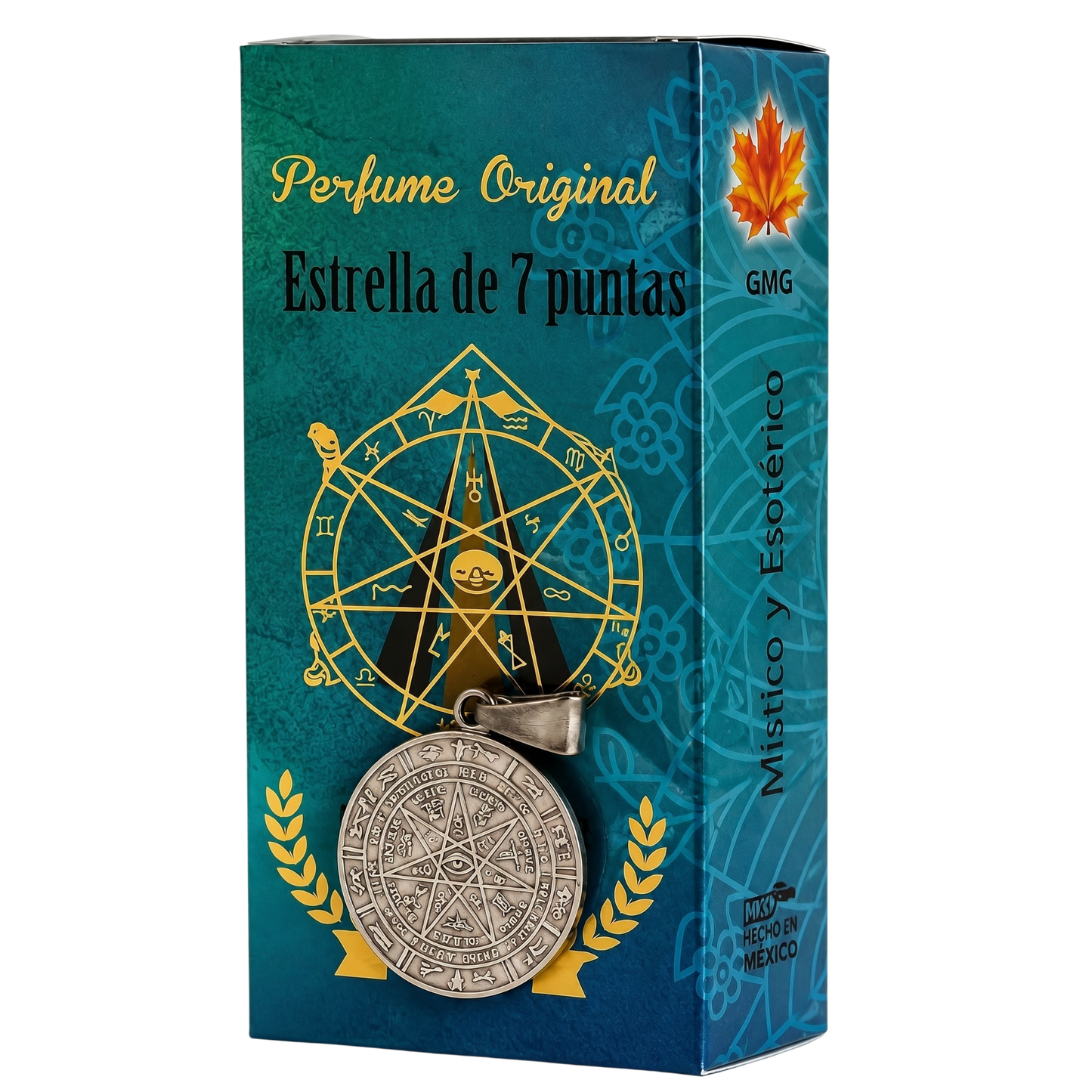 Perfume box with star design and decorative elements on a blue background