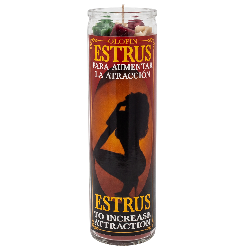 A tall glass prayer candle with a printed label reading 'Olofin Estrus Para Aumentar La Atraccion' and 'Estrus To Increase Attraction,' featuring a black silhouette on an orange-brown background. Wax pieces are visible at the top of the clear container against a plain white studio background.