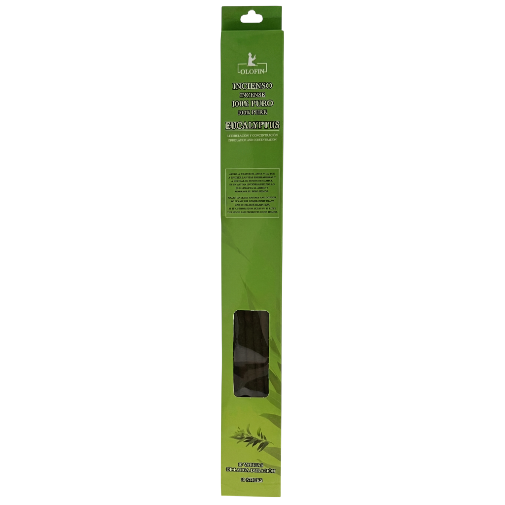 A tall, narrow green retail package for incense sticks, with a small clear window showing dark incense sticks inside. The package has a hanging tab at the top and visible text including 'Koleon' and 'Incensito Natural'.