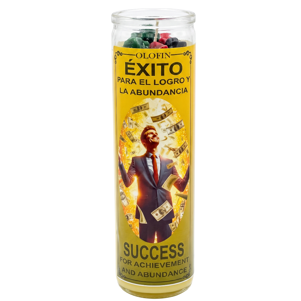 A tall glass jar candle with a yellow label featuring the Spanish text 'OLOFIN ÉXITO PARA EL LOGRO Y LA ABUNDANCIA' and 'SUCCESS FOR ACHIEVEMENT AND ABUNDANCE,' with an illustration of a man in a suit surrounded by falling money. The candle is photographed on a plain white background.