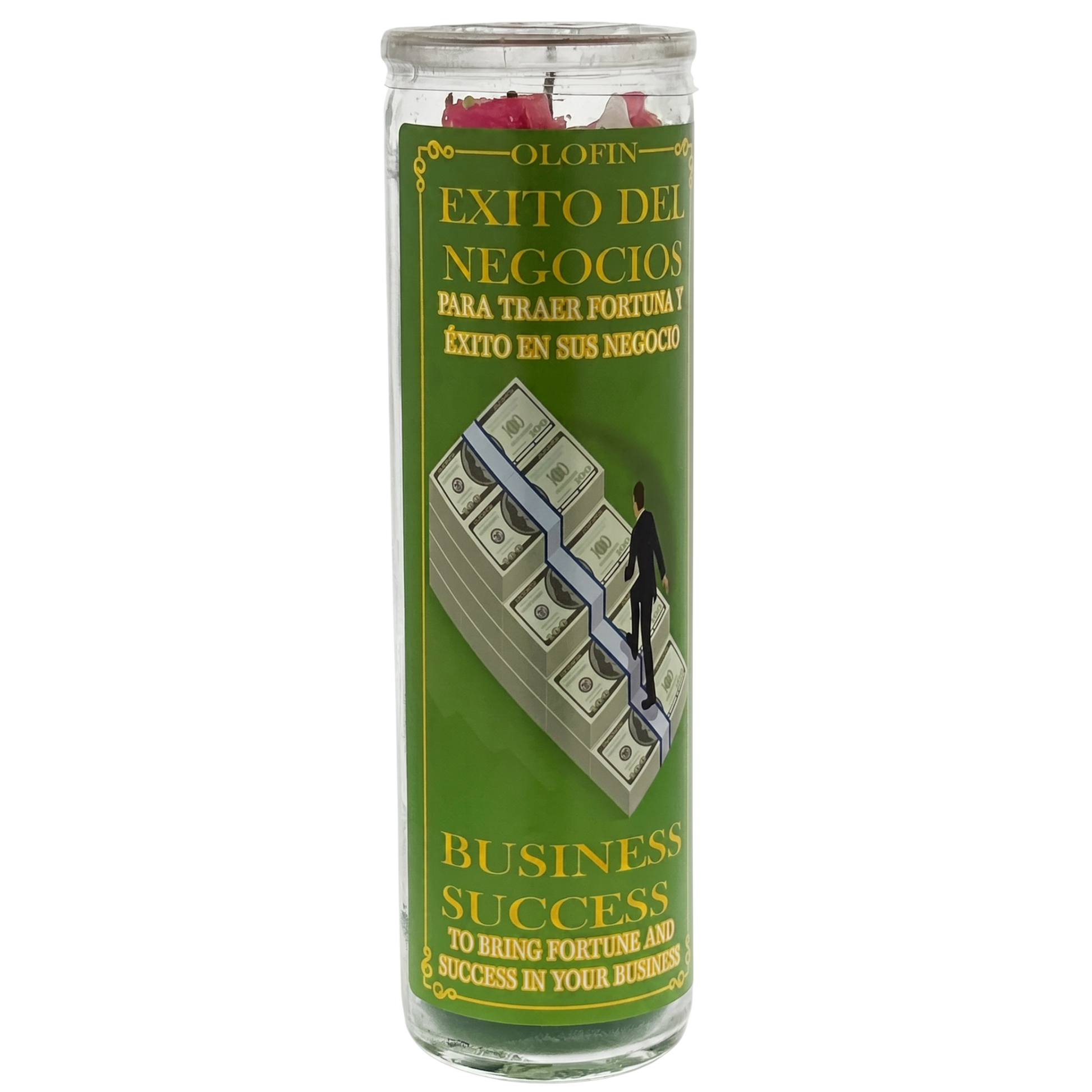 A tall glass jar candle with a green label featuring Spanish text 'Exito del Negocios' and 'Business Success,' along with an illustration of stacked money and a businessman walking up the cash stack. The candle is shown on a plain white background.
