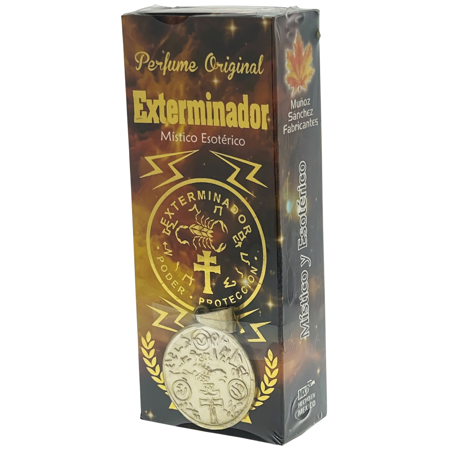 Box of 'Exterminador' perfume with decorative design and text.
