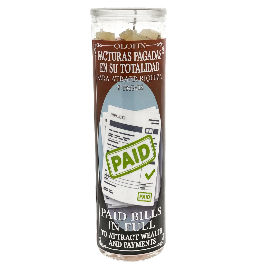 A tall glass jar candle with a brown label that reads 'Olofin' and 'Facturas Pagadas en Su Totalidad' with a large green 'PAID' stamp graphic on the front, shown on a white background.