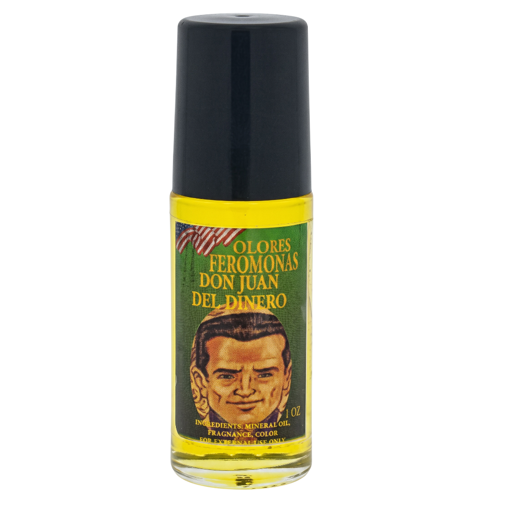A bottle of Olores Feromonas Don Juan Del Dinero fragrance color oil, featuring a black cap and a green label with yellow text and a portrait illustration, set against a plain white background.