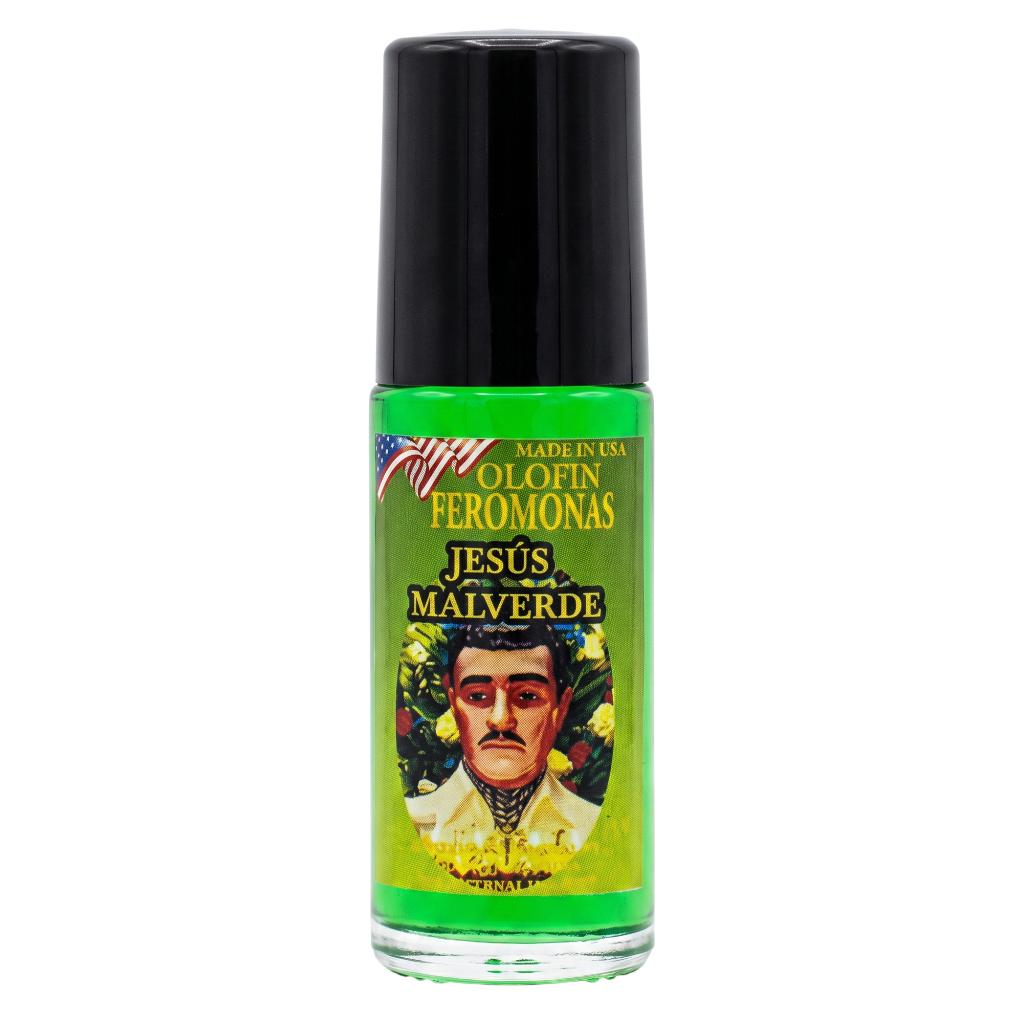 A bottle of Olofin Feromonas by Jesús Malverde, featuring a bright green label with a portrait of the figure and a black cap, set against a plain white background.