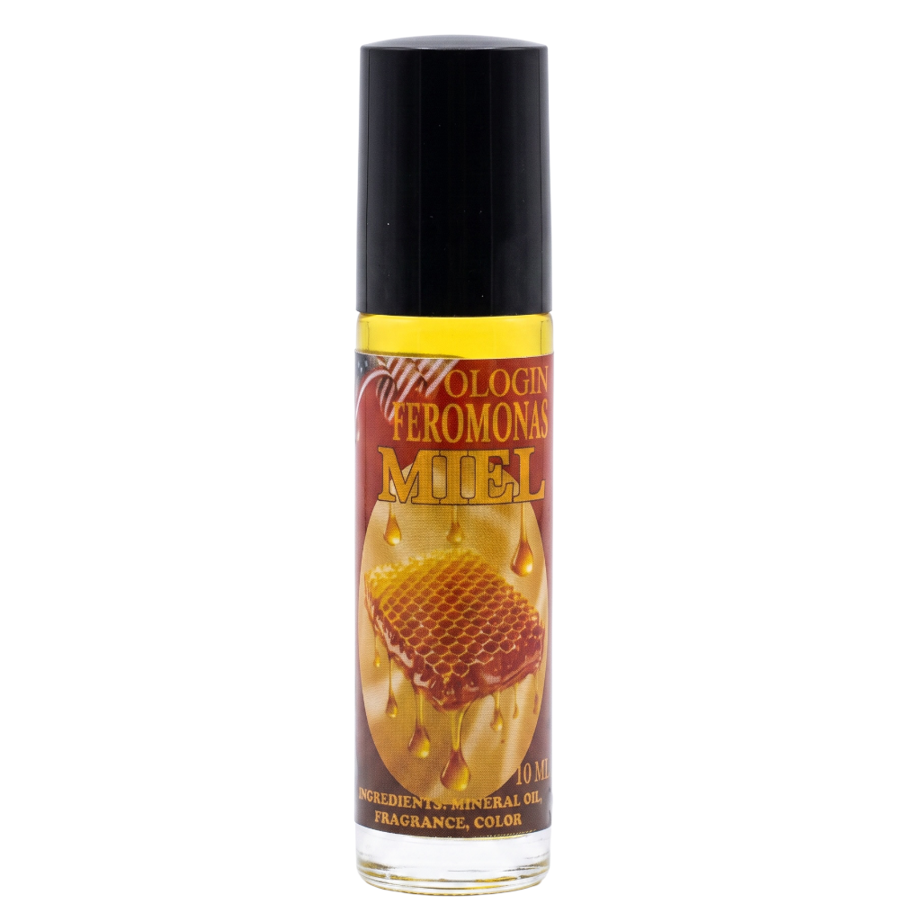 A 10 ml glass bottle of Ologin Feromonas Miel (honey fragrance mineral oil) with a black cap and a label depicting honeycomb dripping with golden honey, on a white background.