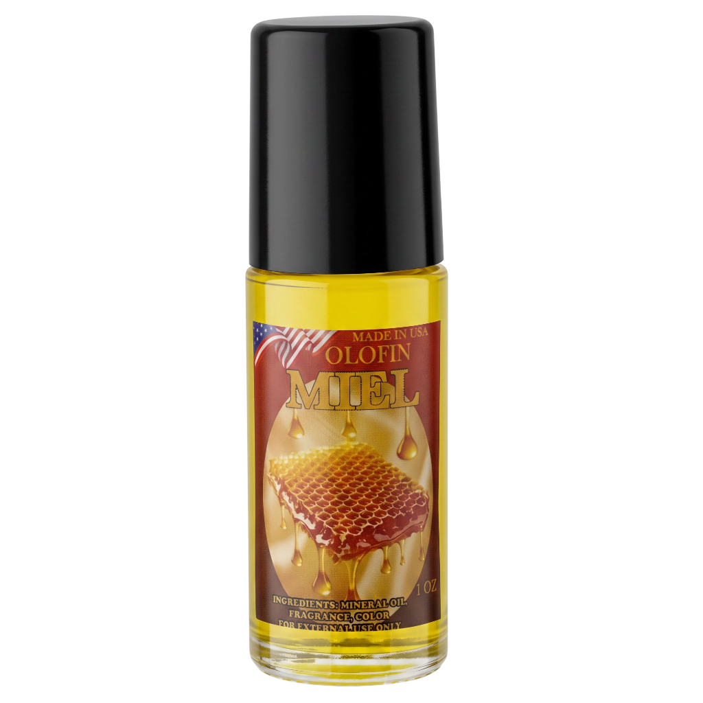 A bottle of Olofin Miel Honey Hair Conditioner with a black cap and a label depicting honeycomb and honey drops, set against a plain white background.