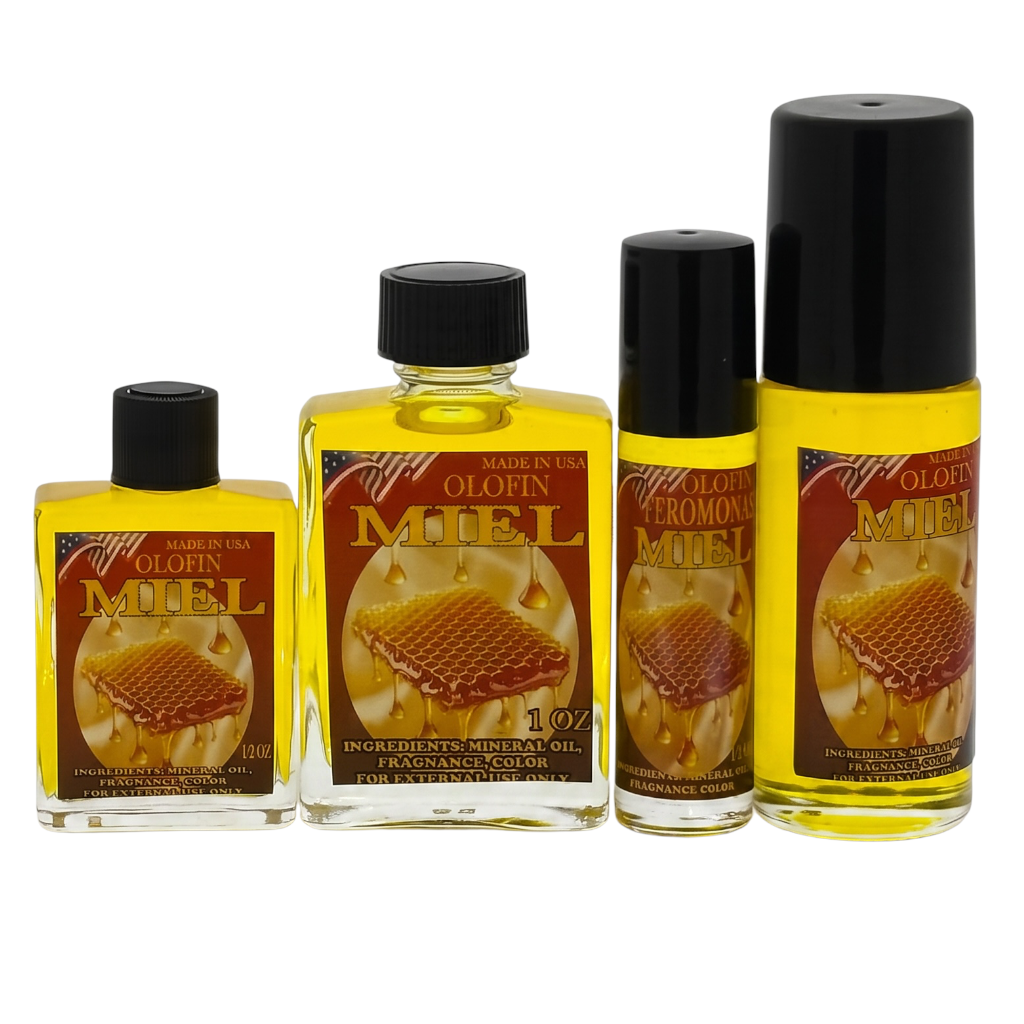 Four glass bottles of Olofin Miel fragrance color with black caps, arranged by size against a white background. The bottles contain a golden yellow liquid and feature brown labels with honeycomb graphics.