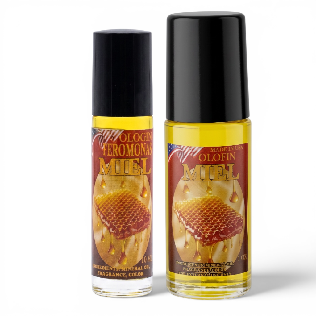 Two small roll-on fragrance bottles labeled 'Olofin Aeromonas Miel' with black caps, shown on a plain white background. The bottles contain yellow liquid and feature a honeycomb and honey drop graphic on the label.