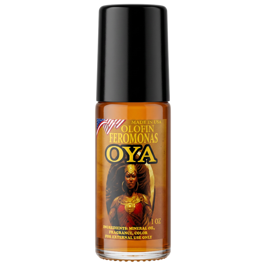 A bottle of OYA Olofin Feromonas external use mineral oil, featuring a black cap and a brown amber bottle with a detailed label showing a warrior graphic.