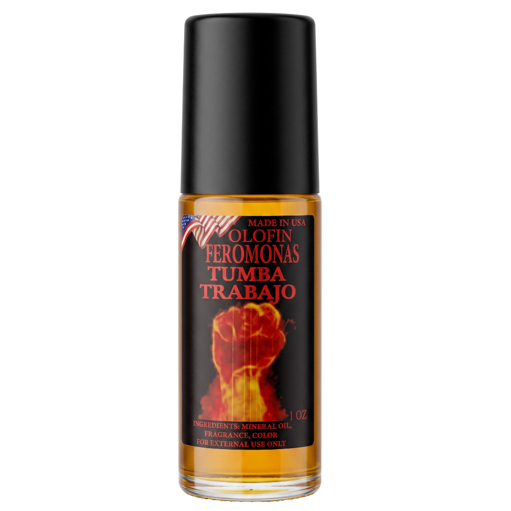 A bottle of Olofin Feromonas Tumba Trabajo fragrance oil with a black cap and a black label featuring red and orange text and a raised fist graphic, on a white background.