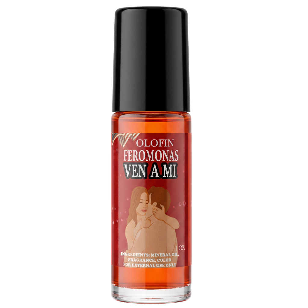 A bottle of Olofin Feromonas Ven a Mi fragrance oil with a black cap and red label, featuring an illustration of a couple on a white background.