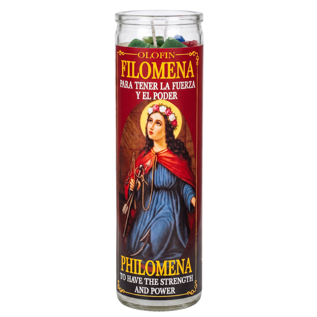 A tall glass prayer candle with a red printed label featuring an illustration of Saint Philomena and Spanish text reading 'Olofin Filomena' and 'Para Tener La Fuerza Y El Poder'.