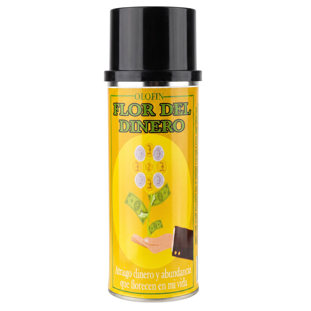 A single aerosol can of Otopin 'Flor del Dinero' money-printing spray on a plain white background. The can features a bright yellow label with green text and illustrations of coins and dollar bills, topped with a black cap.