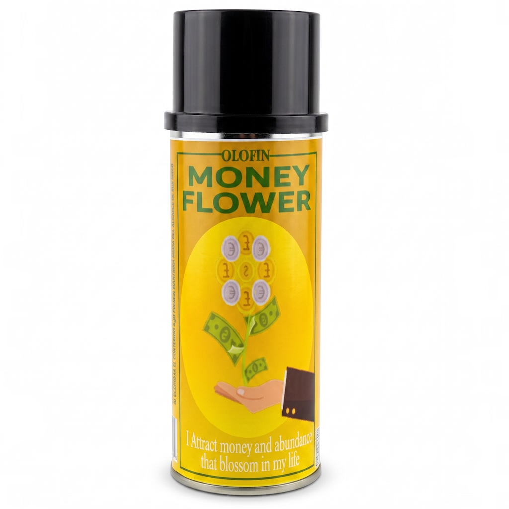 A can of Olofin Money Flower spray with a black cap and a bright yellow label featuring a yellow coin and dollar bill graphic.