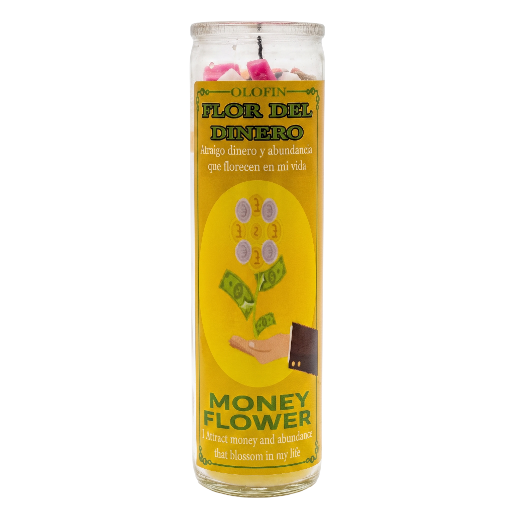 A tall glass jar candle labeled 'Olofin Flor Del Dinero' and 'Money Flower' with a yellow label, pink wax flowers at the top, and a black wick, shown on a white background.