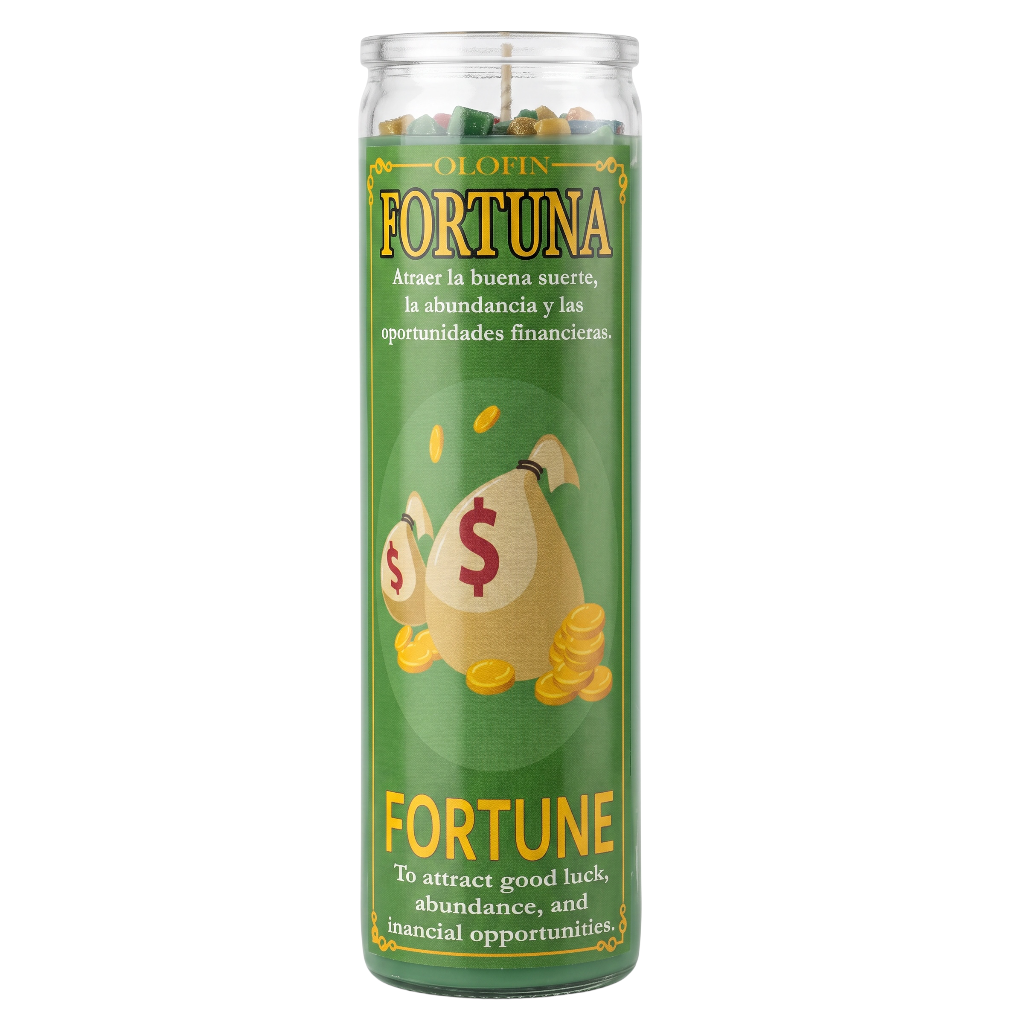 A tall glass jar candle with a green label reading 'OLIVET FORTUNA' and showing a money bag and gold coins illustration, photographed on a plain white background.